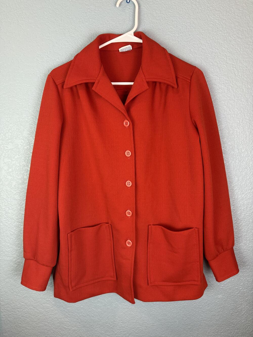 Vintage PYKETTES Jacket Womens Medium Orange Button Up Mod Shirt Long Sleeve 70s